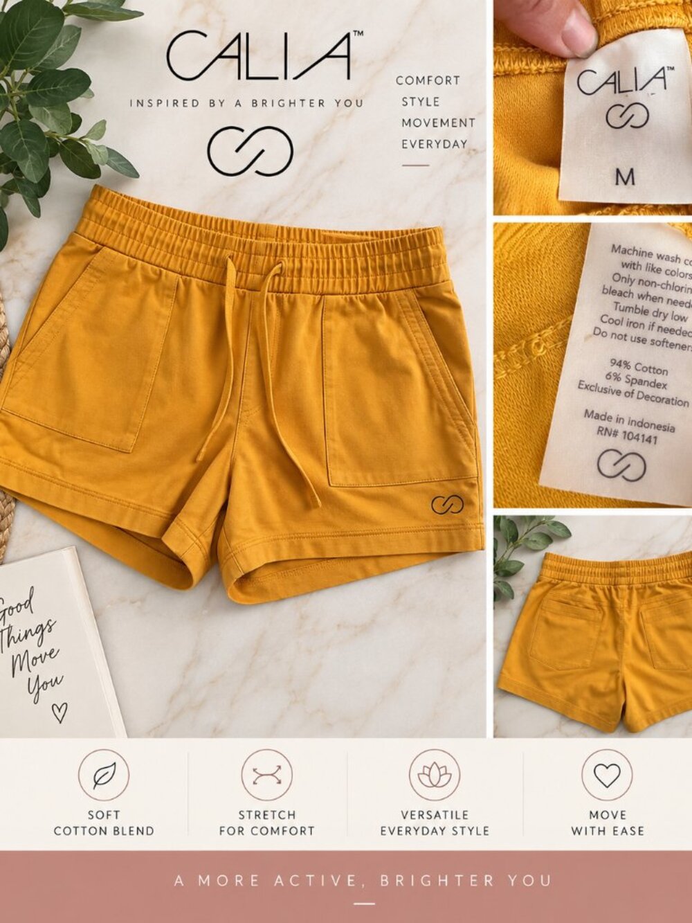 CALIA Mustard Gold Stretch Pull-On Shorts Size Medium
